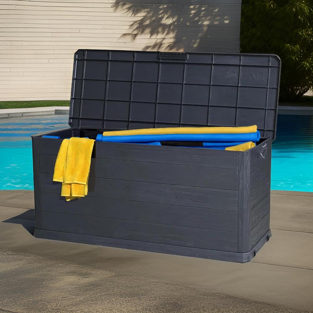 Baule Cassapanca 280 Litri Effetto Legno Contenitore Stoccaggio in Resina Antracite Dimensioni 117x45x56h cm da Esterno Resistente ai Raggi Uv -