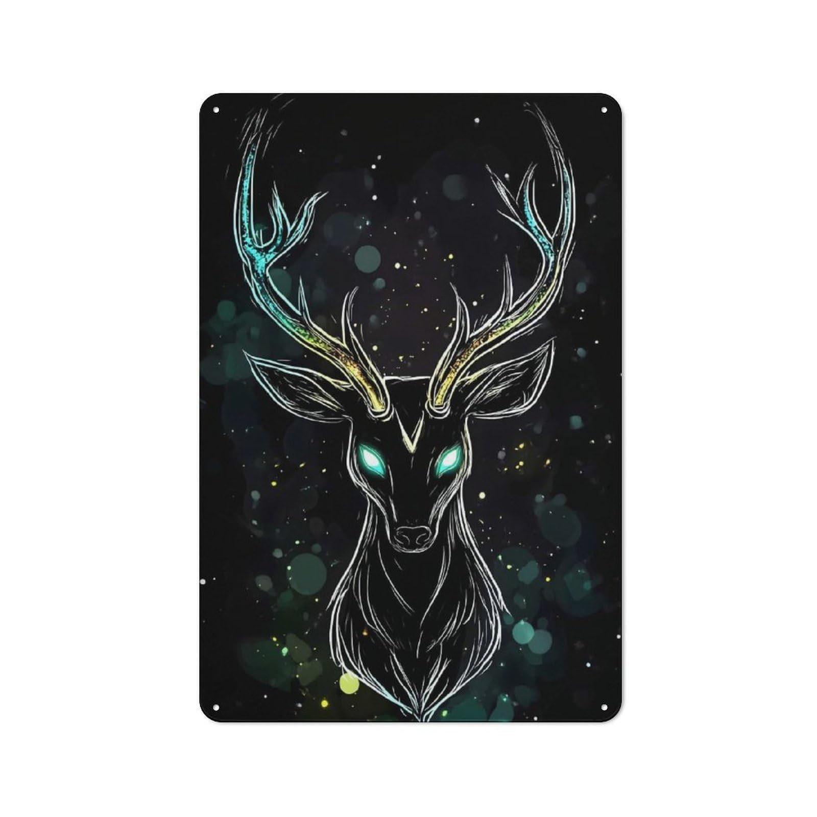 Junmoney Style-15 Tin Wall Plaque 30X20cm With Mystical Deer With Glowing Antlers For Home Office Or Studio, For Garage, Workshop And Man Cave Decoration