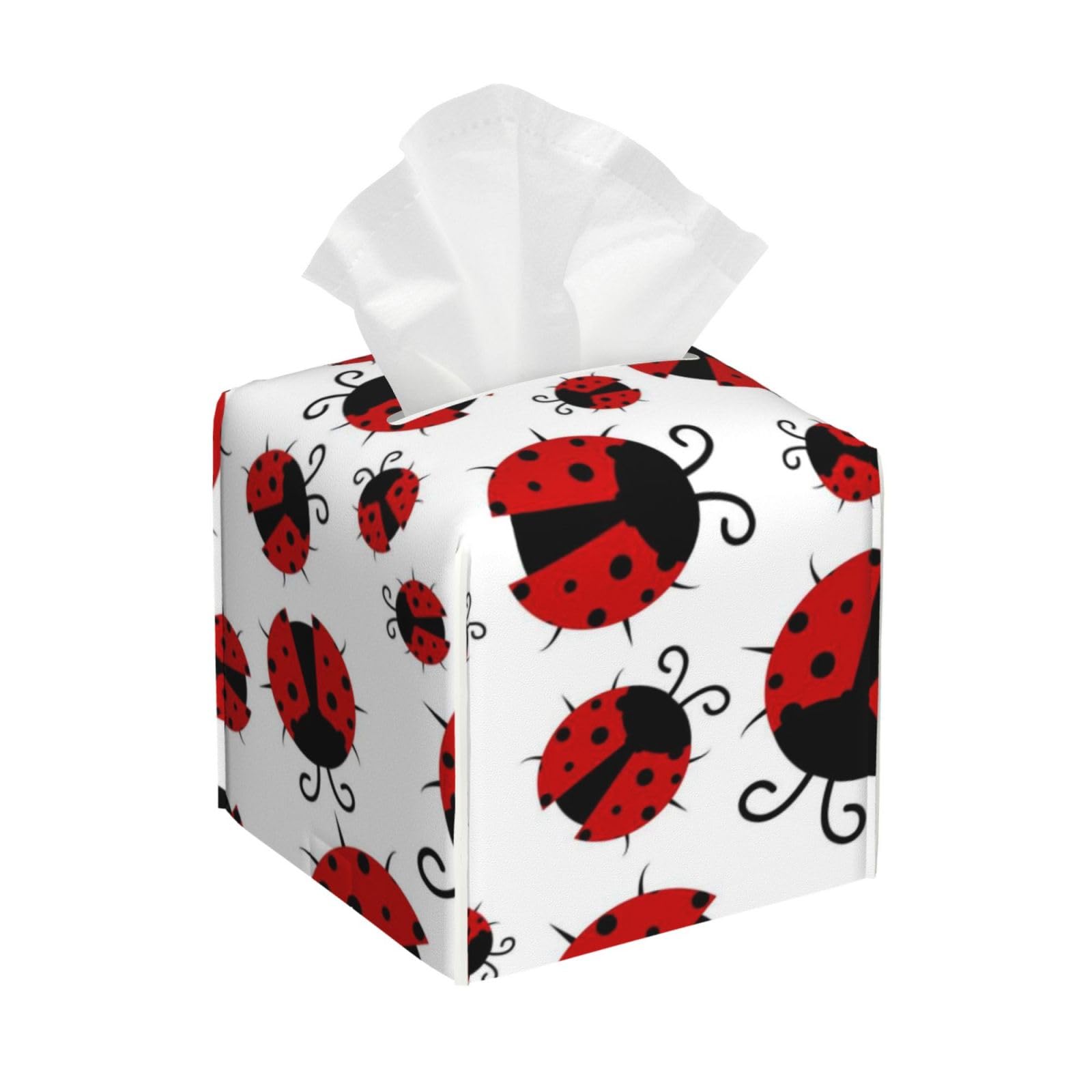 Square Tissue Box Cover, Leather Tissue Cube Box Holder, Red Ladybug Animal Theme Funny Cartoonish Print Facial Paper Case for Tabletop, Bathroom, Car, Office 5.2"x5.2"x5.2"in