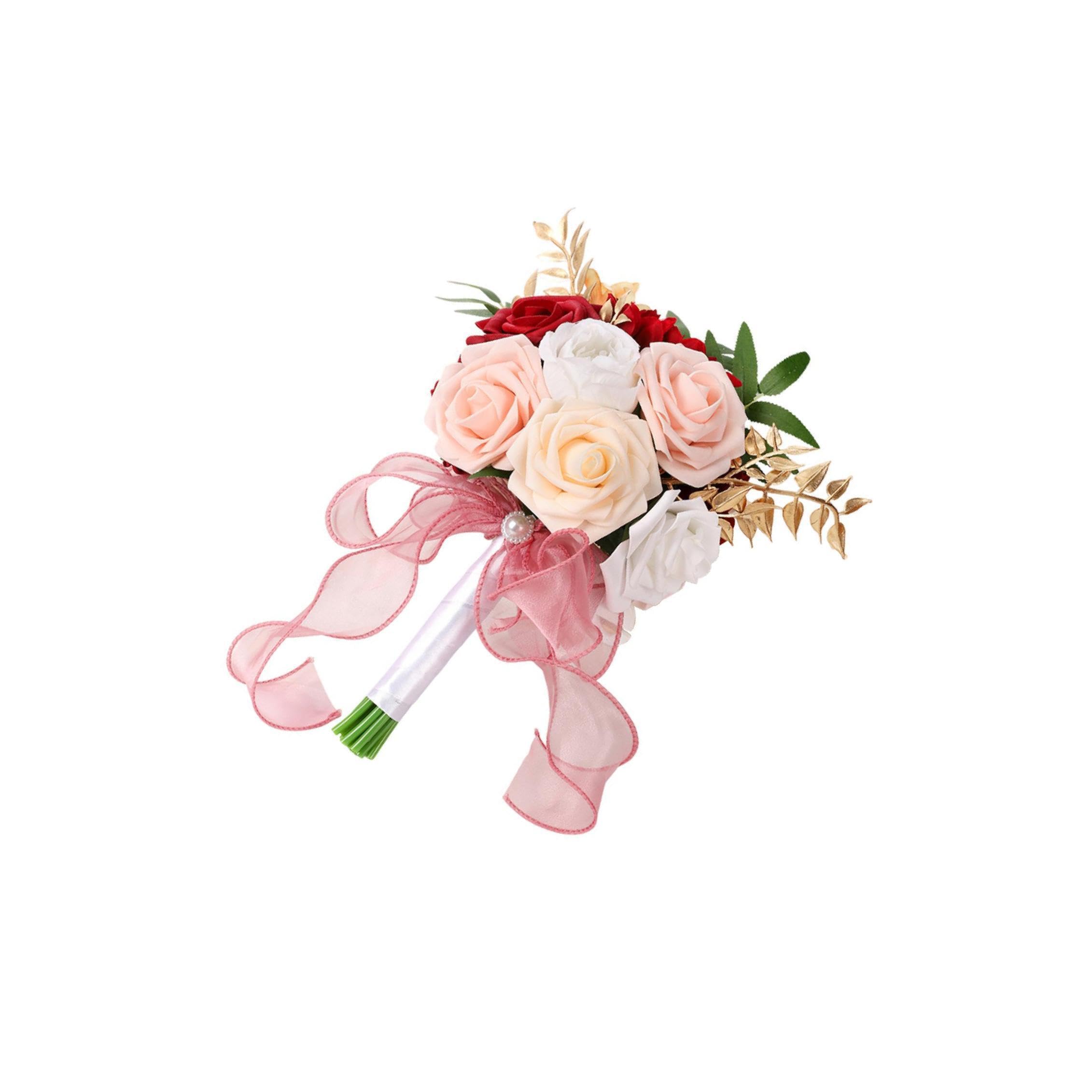QUXVUIS Brides Bridesmaid Bouquet Looks Lifelike Silky Hand Flower Bride Bouquet Lovely Floral Decorative Displays Captivating Wedding Celebrations Artificial, Red, Height 29cm