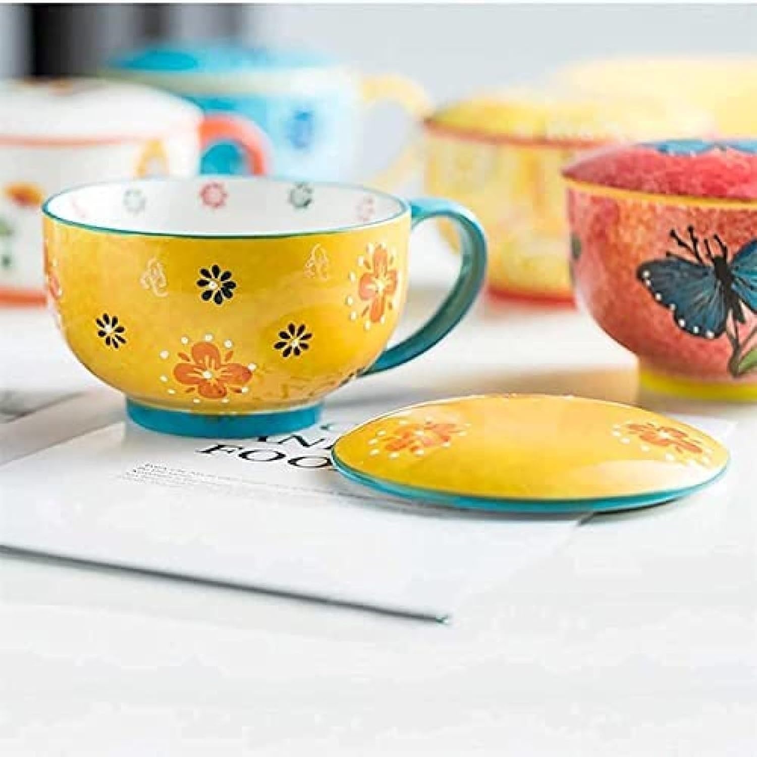 Miska Na Zupę Ramen, Ryż, Makaron Instant, Duża Ceramiczna Miska Na Zupę, Miska Na Makaron Z Pokrywką, Miska Na Makaron Instant Do Mikrofalówki, Duży Kubek Do Kawy Z Uchwytem, Blue, 730ML/25 OZ