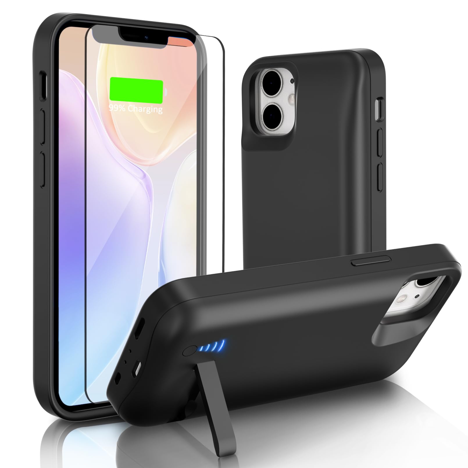 Cover Batteria per iPhone 12 Mini/13 Mini (5.4"), 8500mAh Custodia Batteria Protettiva a 360° con Supporto, Powerbank Ricaricabile ed Espandibile & Film Temperato