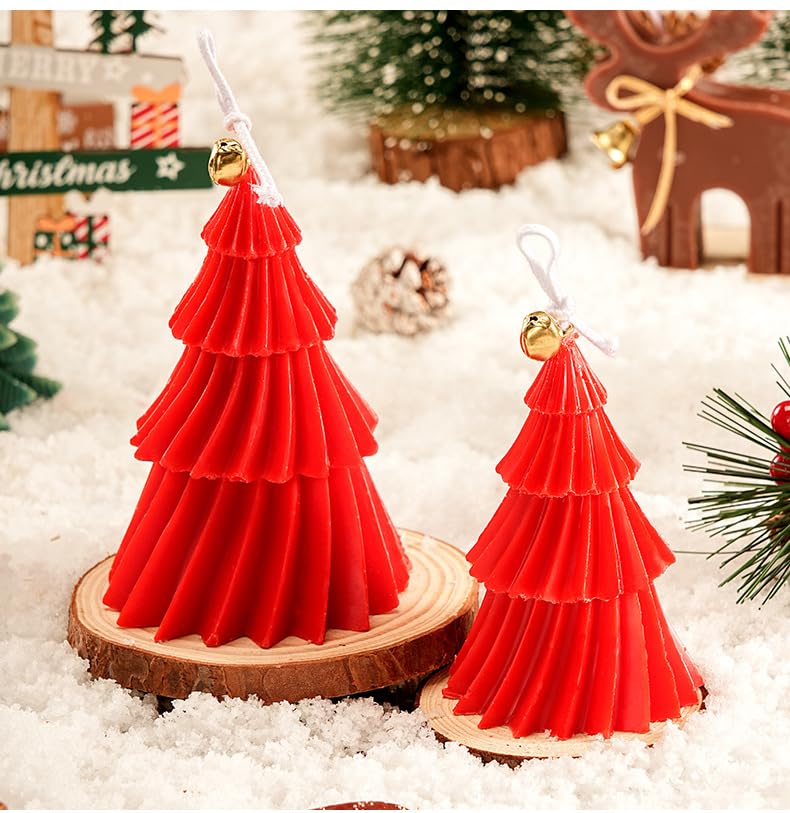 Juego de 2 velas con forma de árbol de Navidad, velas de Adviento rojas y verdes para decoraciones, vela perfumada de cera, centro de mesa hecho a mano, decoración del hogar (E1)