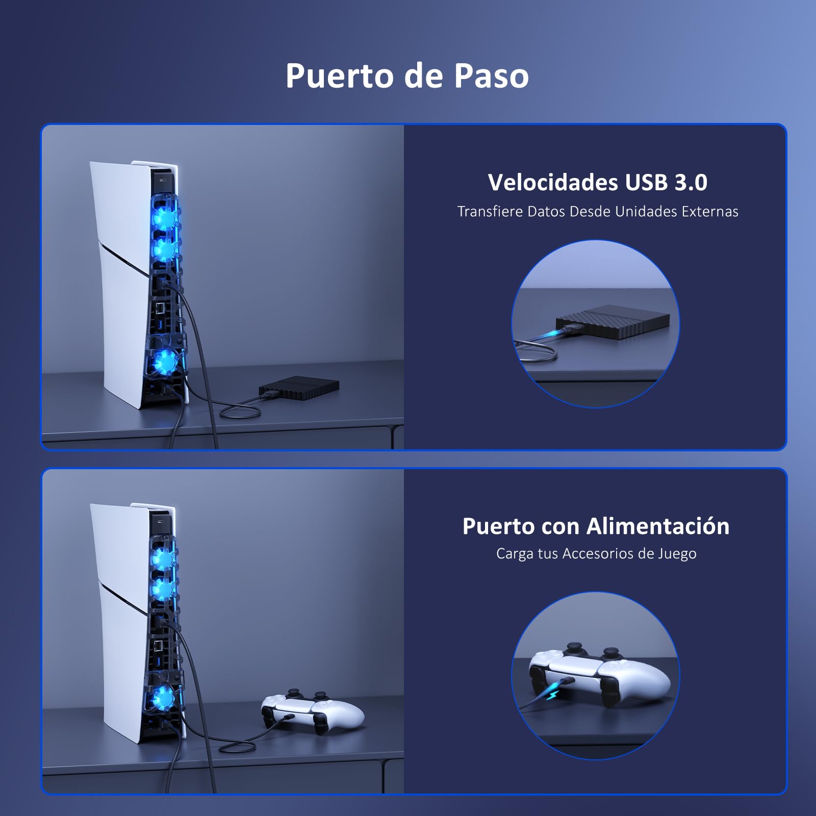 NexiGo PS5 Slim Silent Enhanced Cooling Fan with Adjustable Speed, Auto Power On/Off, with USB 3.0 Port, Efficient Cooling System for Both PS5 Slim Disc and Digital Editions
