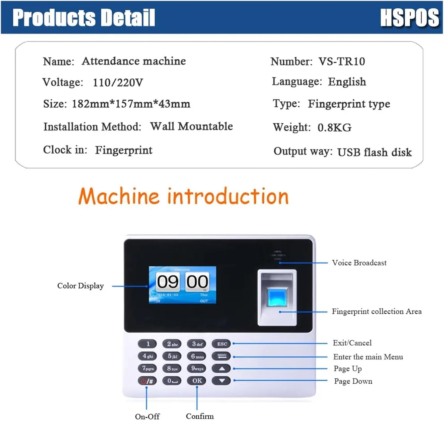 従業員の指紋スキャンによる打刻機の記録 勤務時間の出欠記録機 壁掛け式時計システム シンプルな操作と設定