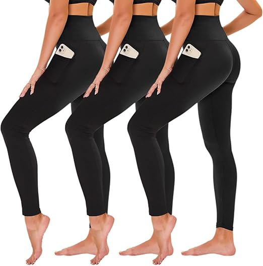TNNZEET 3 Pack Leggings for Women - Black Tummy Control High Waisted Soft Yoga Pants for Workout Gym Running with Pockets