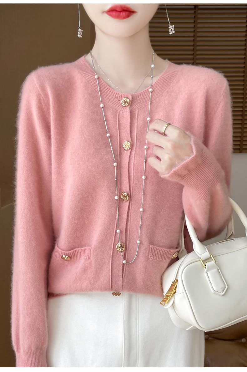 Chaqueta De Punto Mujer Cárdigan De Pura Lana para Mujer Estilo Retro Chic con Botones En Rosa Elegante Cárdigan De Punto con Cuello Redondo Prenda De Punto Abierta por Delante Abrigo S
