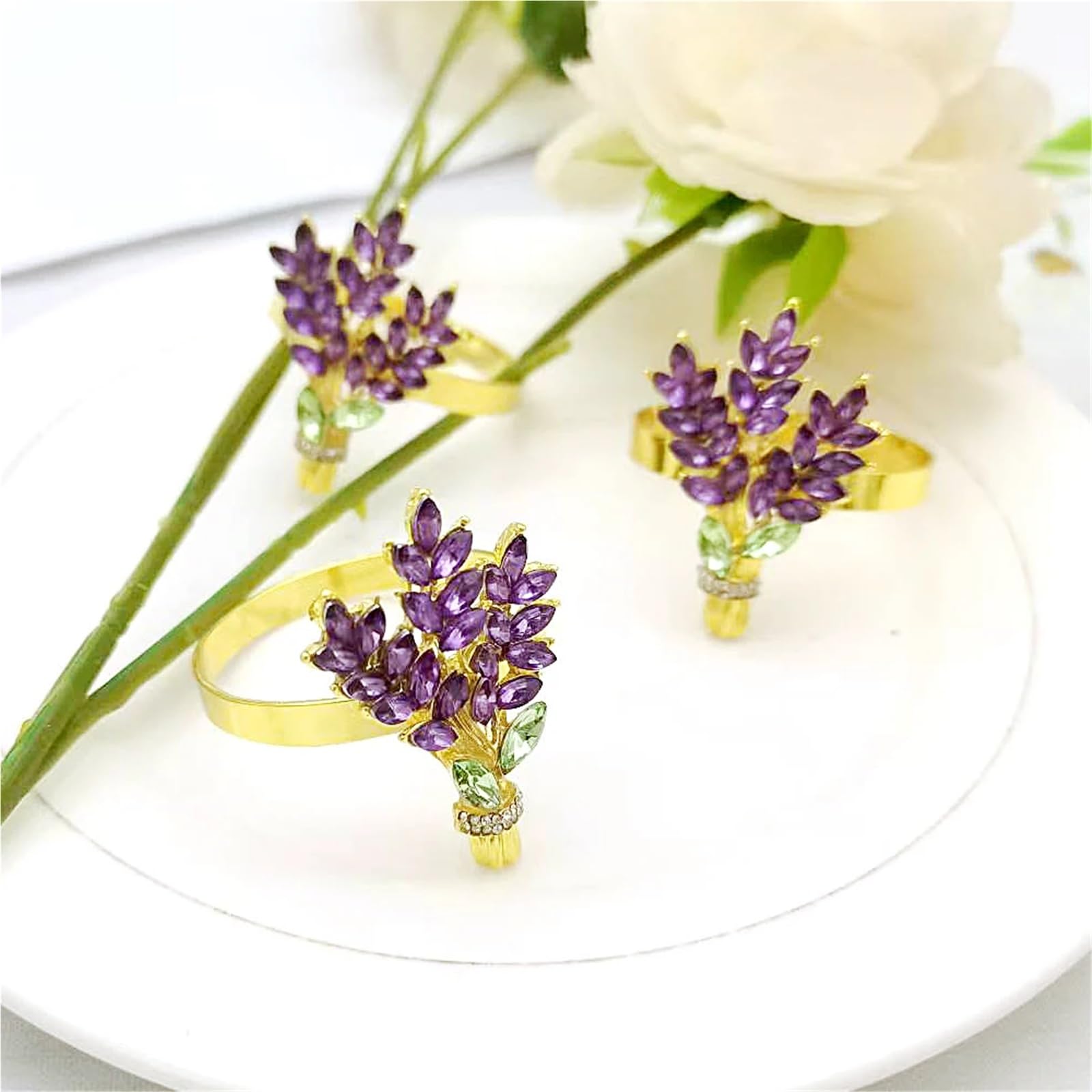 Lot de 12 ronds de serviette lavande avec strass et boucle de ferme pour mariage, Thanksgiving, décoration de table de printemps