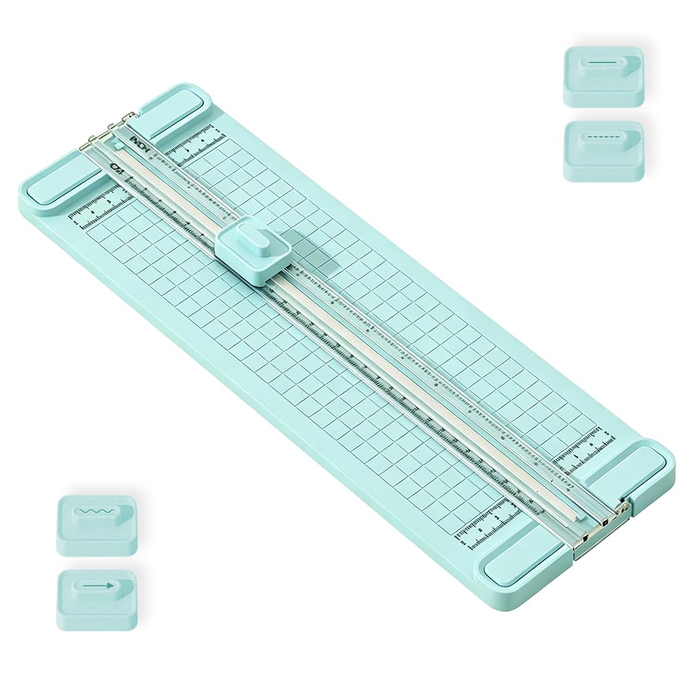 Tagliacarte A4 per Scrapbooking, Taglierina Carta 4 in 1 da 310 mm con Testine Intercambiabili, Taglio Dritto, Tratteggiato, Ondulato e Cordonatura, Ufficio e Scuola (blu)