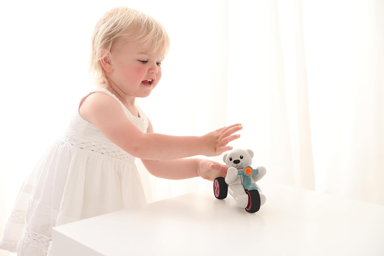 Tolo Push and Go Teddy | Interactive Toddler Toy | Press Head to Activate Movement | Clicking Turning Head and Rattling Sound | Develops Dexterity, Coordination | 12+ Months