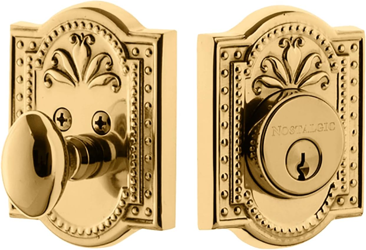 Nostalgic Warehouse 726060 Meadows Plate Single Cylinder Deadbolt Meadows Door Knob in Polished Brass,