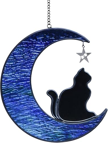 Regalos de decoración de gato en luna de vidrieras, regalos de gato dormido para amantes de los gatos, atrapasoles grises para colgar ventanas de