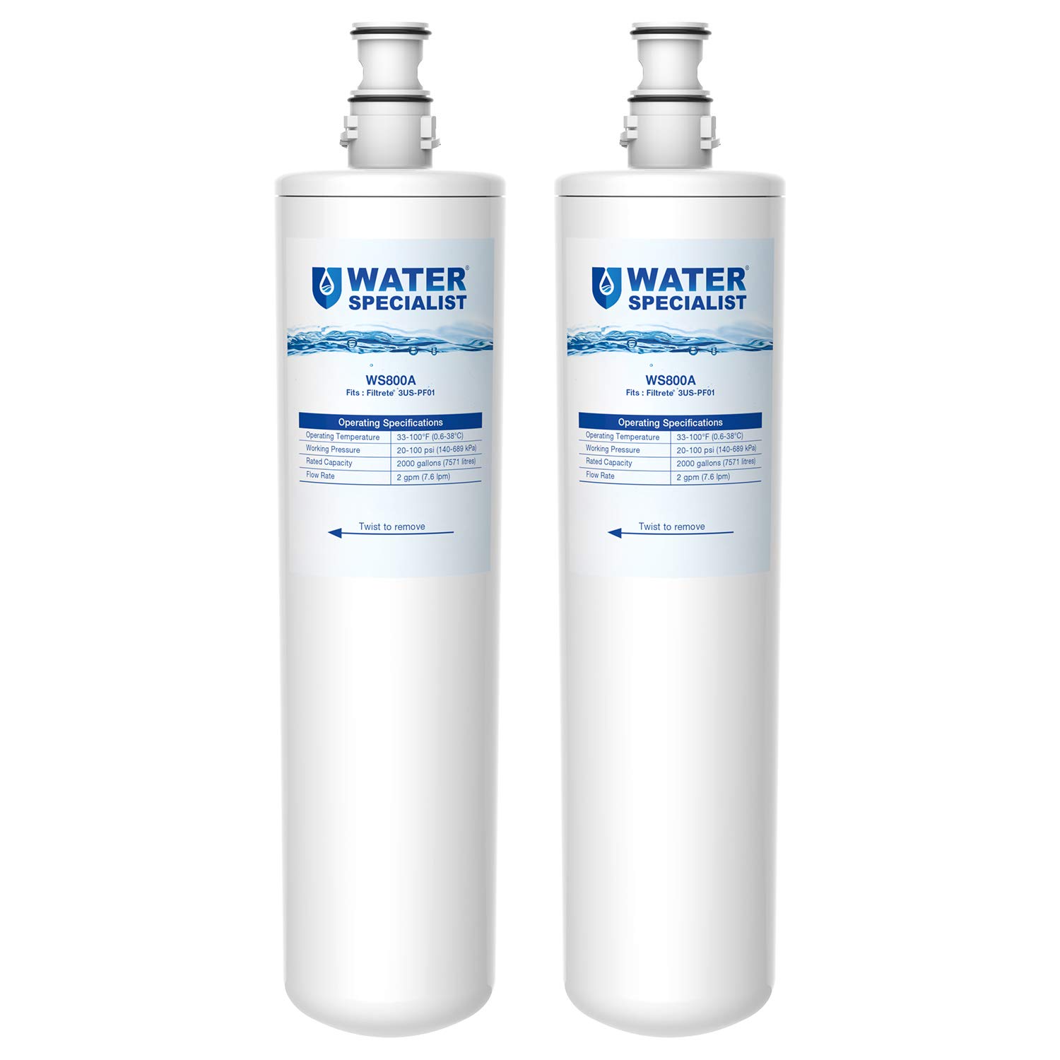 Waterspecialist 3US-PF01 3US-MAX-F01 Replacement Filter, NSF/ANSI 42 Certified Replacement for Filtrete® 3US-PF01, 3US-MAX-F01H, Delta RP78702, Manitowoc K-00337, K-00338, HF20, HF25, HF27, 2 Packs