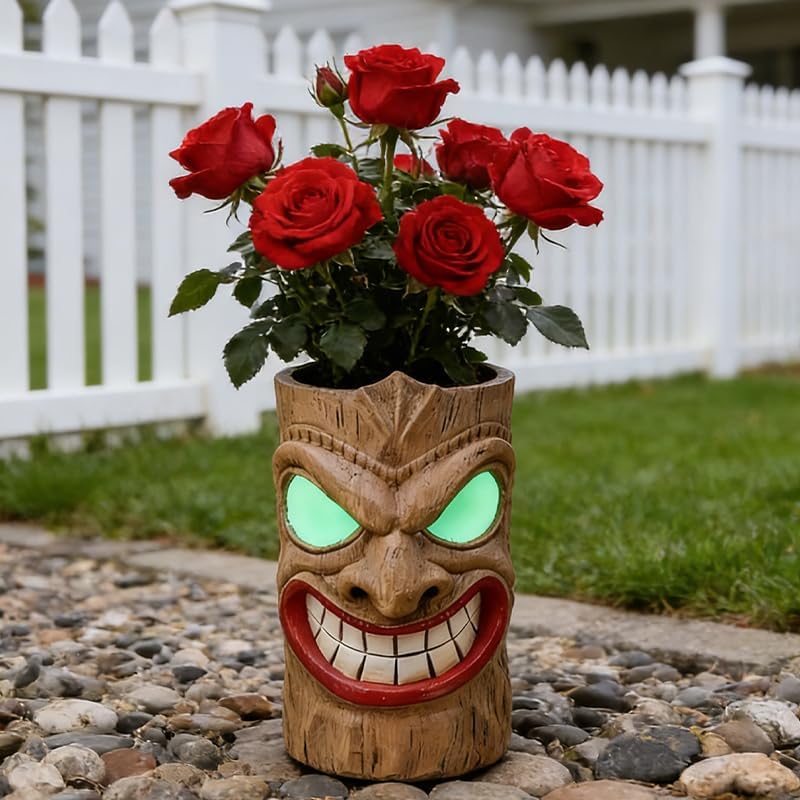 Oversized Hand-Carved Wooden Tiki Planter - Rustic Garden Flower Pot for Outdoor Patio Balcony Decor Handmade Resin Wooden-Carved Human Planter