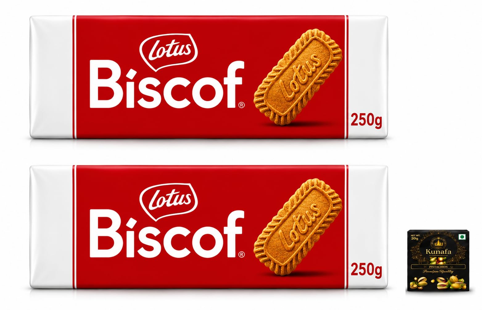 Lotus Biscof Belgian Speculoos Caramelized Biscuit (Pack of 2) 250g Each with Free Flavourito Kunafa Pistachio Chocolate Bar, 20g By Decadent Foods-image-1