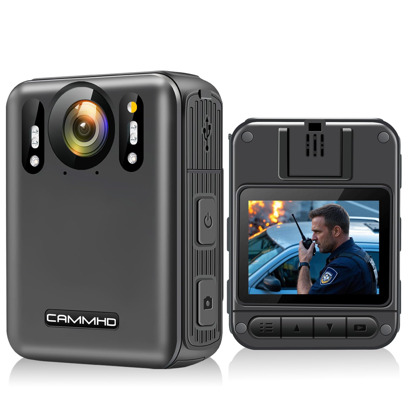 CAMMHD W8-128G 4K Caméra Corporelle Anti-Flou 4000mAh 10 Heures Cryptage Auto Enregist de Vision Nocturne UHD Bodycam pour Les Forces de l'ordre avec Base de Chargement Adapté Police Famille