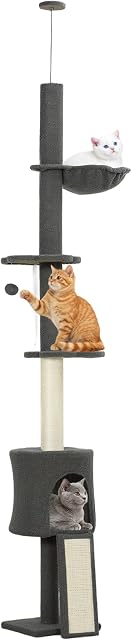 PawHut Floor to Ceiling Cat Tree, 5-Tier Cat Tower Adjustable Height 87"-94.5" with Sisal Scratching Post, Condo, Hammock, Ramp, Climbing Activity Center for Indoor, Dark Grey