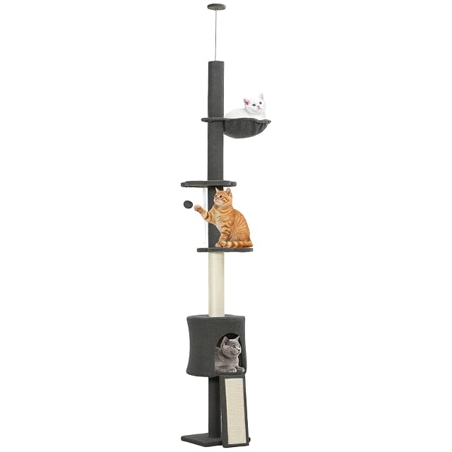 PawHut Árbol Gatos Suelo-Techo Altura Ajustable 87"-94.5" Gris Oscuro