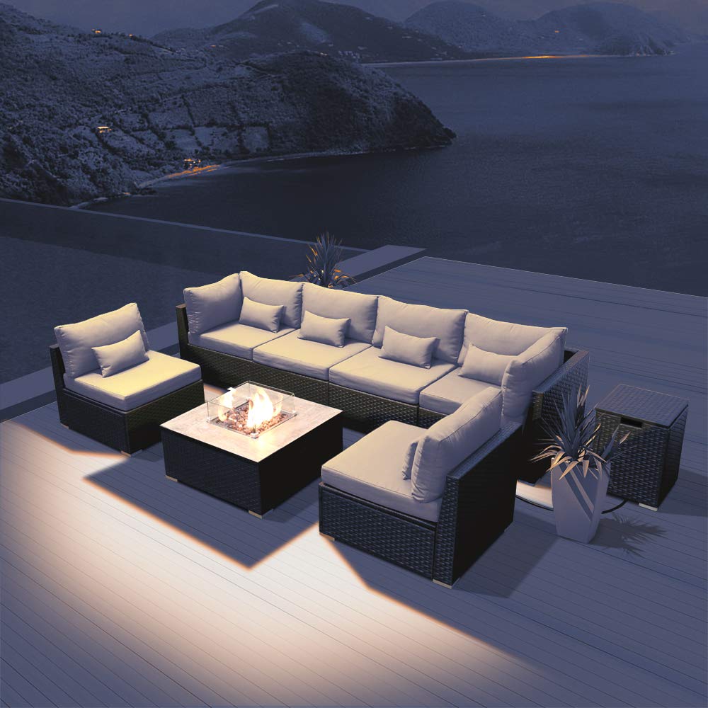 Amazon Com Modenzi Outdoor Sectional Patio Furniture With Propane Fire Pit Table Espresso Brown Wicker Resin Garden Conversation Sofa Set G7 Sofa Square Fire Pit Light Beige Kitchen Dining