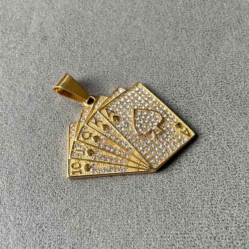 18K Gold Plated Iced Out Stainless Steel Playing Card Poker Pendant Necklace2
