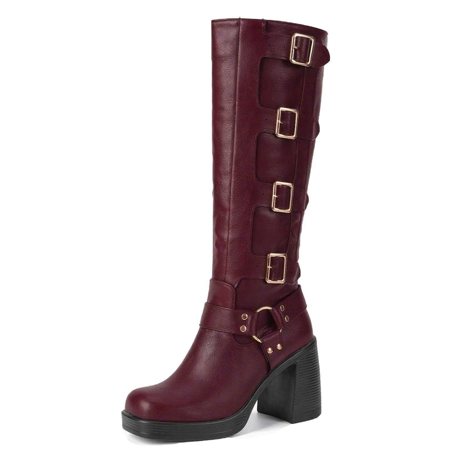 Seborluys Knee High Buckle Boots for Women Square Toe Chunky Block High Heel Pull On Gothic Riding Boots