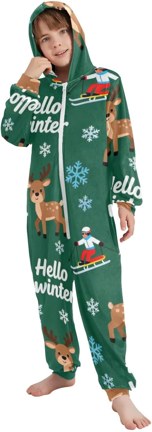 Unisex Onesie Zip Up Hooded One-Piecing Loungewear Sleepwear for Christmas Home 4-14Y