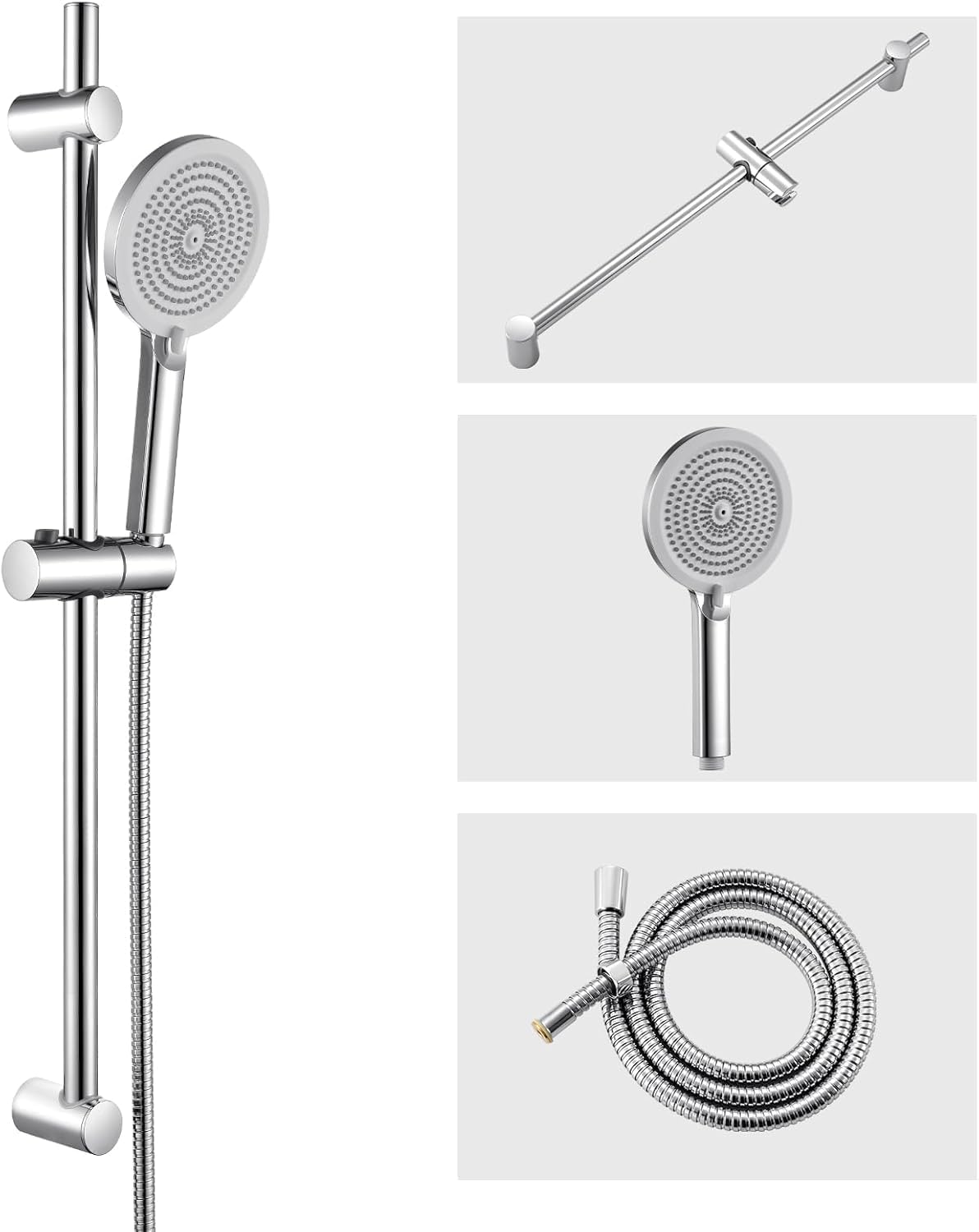 Auralum Saliscendi Doccia con Soffione, Set Doccia con Asta Doccia Saliscendi in Acciaio Inox (70cm), Inox Tubo Flessibile (150cm) e Soffione (4 Funzioni,12.7cm) con Supporto Soffione Doccia, Cromato