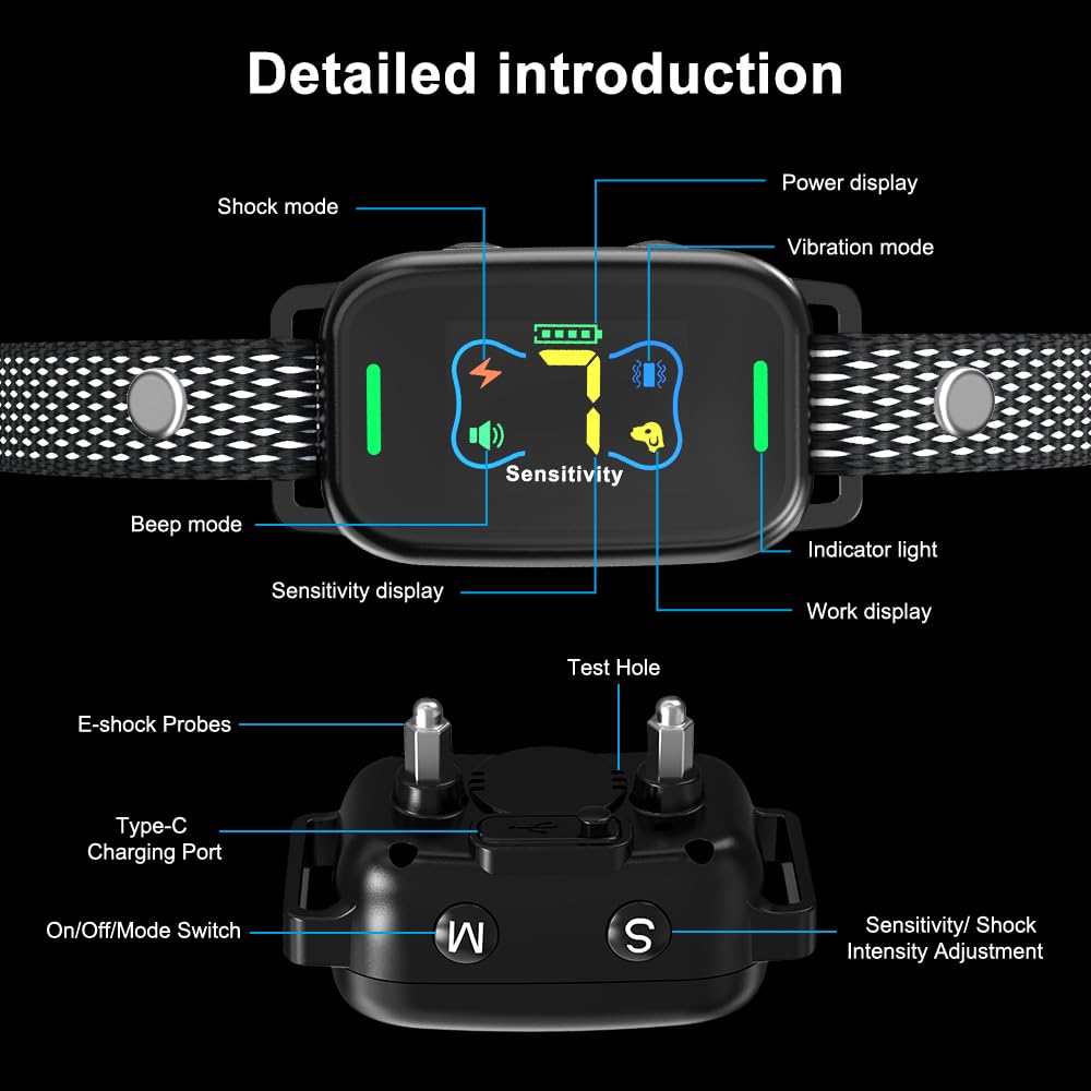 Dog Bark Collar, Takilar Rechargeable Bark Collar for Dogs, Smart Anti Barking Training Collar with 7 Adjustable Sensitivity and 9 Shock Intensity, Bark Shock Collar with Beep Vibration Shock (Navy)