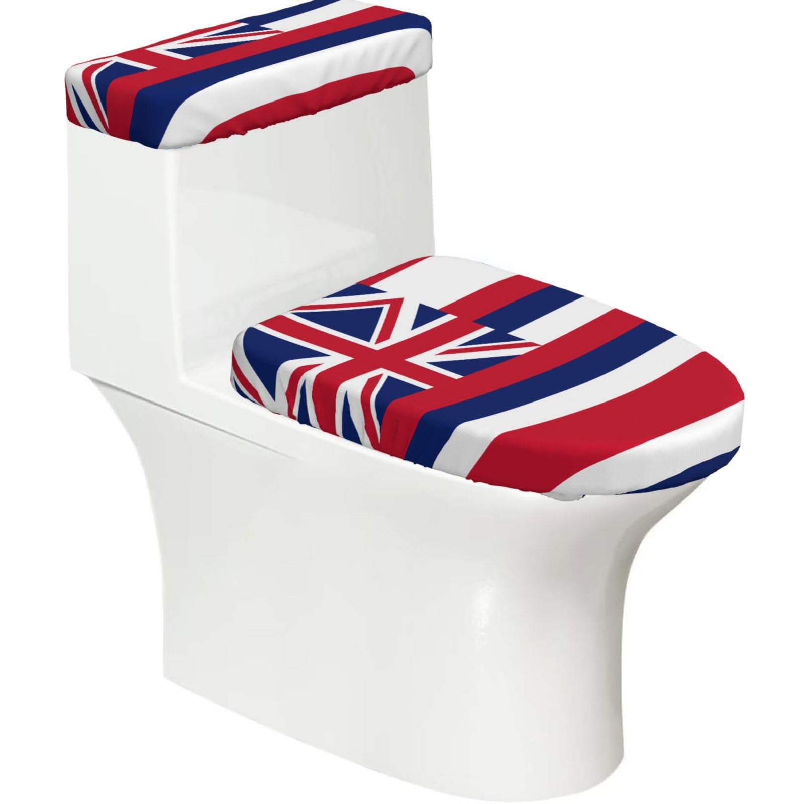 Hawaii Flag Elastic Toilet Cover Set of 2-Stretchy Lid and Tank Covers for Bathroom, Soft Washable U Shape Toilet Decor
