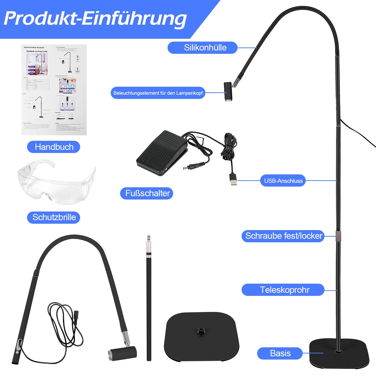 Lampa UV do rzęs, 6 W, lampa UV do rzęs z włącznikiem nożnym, okulary ochronne, lampa UV Lash z regulacją rozmiaru punktowego, elastyczna szyja 360°, światło UV do utwardzania paznokci żelowych i