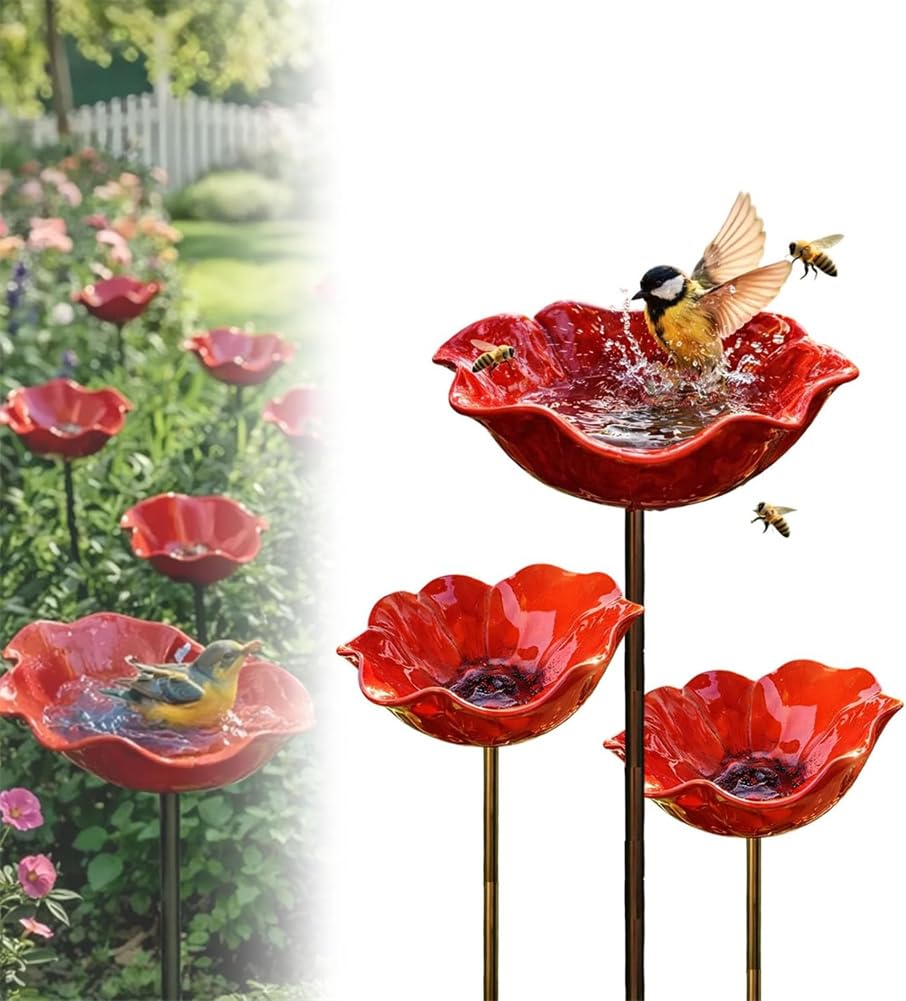 2026 New Handmade Metal Flower Garden Stake Bird Bath,Flower-Shaped Bee Watering Station for Garden,Bee Watering Flowers Stake Station,Colorful Butterfly Bee Bath Bowl for Outdoor Yard Decor (3 Pcs)