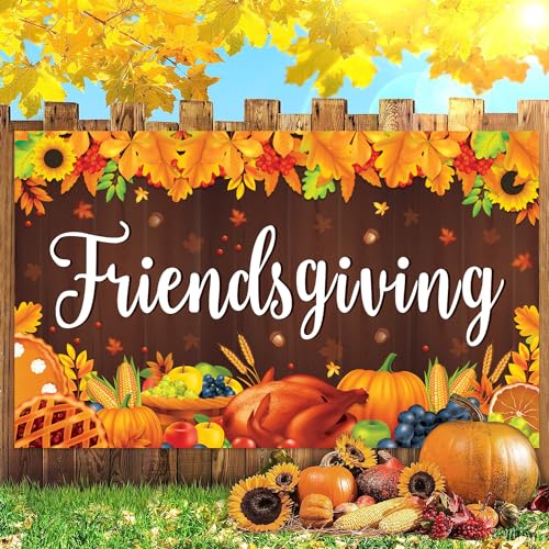 KORHONEN Friendsgiving Banner Backdrop Decorations - Happy Friendsgiving Party Decorations with Turkey Pumpkin Banner Background