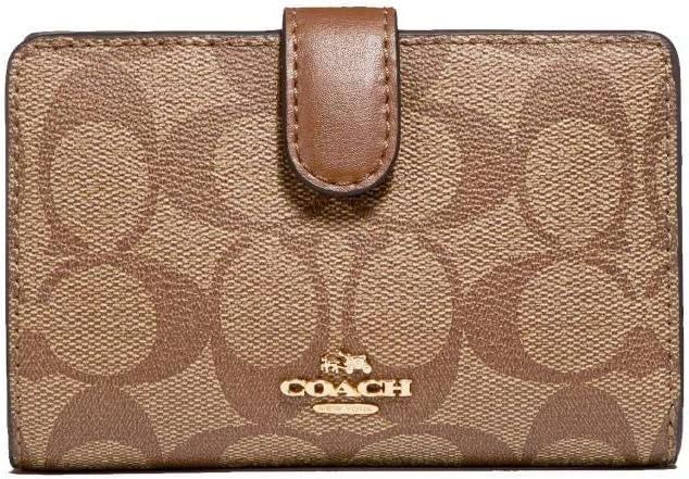 COACH Signature Coated Canvas Medium Corner Zip Wallet in Khaki/Saddle