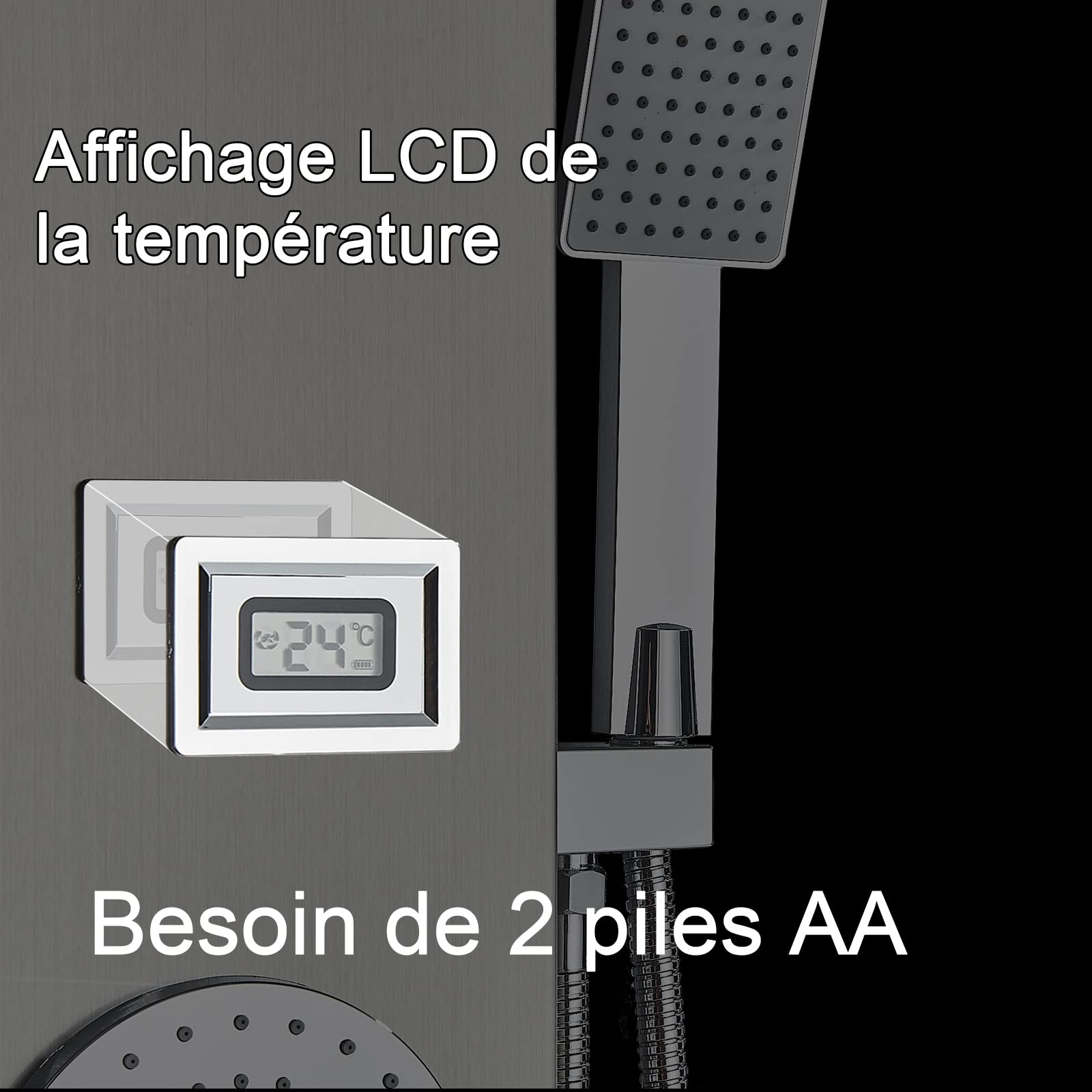 Columna de Ducha con Pantalla LCD, Sistema de Panel de Hidromasaje 3 en 1, Cabezal de Lluvia Grande, Masaje Corporal, Acero Inoxidable Cepillado