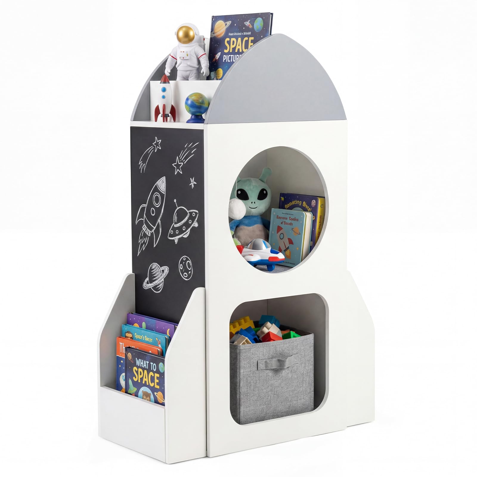 COSTWAY Estantería Infantil de 3 Niveles, Organizador de Juguetes para Niños con Tema Espacial y Pizarra, 2 Compartimentos y Estante Abierto, Estantería de Madera para Aula, Sala de Juego, Guardería