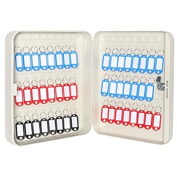 Security Metal Key Box with 48 Hooks, Large Adjustable Wall Mount Key Lock Cabinet, White, 11 4/5