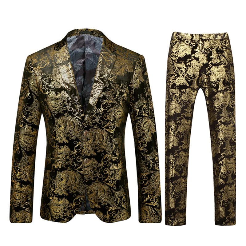 Mens 2 Piece Suit Gold Stamping Plus Size Suit Sets Jacket Pants Slim Fit Dress Set for Banquet,Wedding,Party