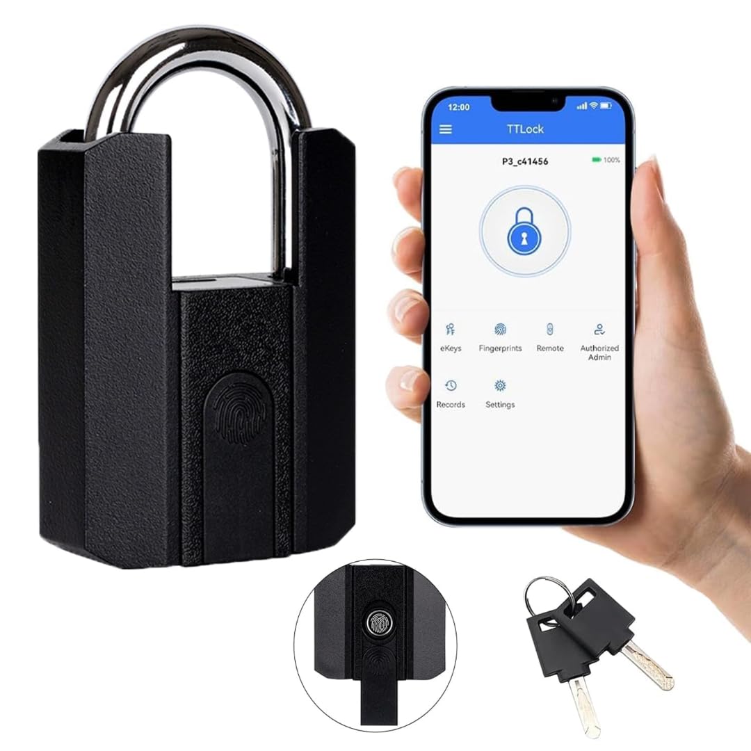 Escozor® Smart Heavyduty Fingerprint Padlock with APP - Waterproof Biometric Smart Lock with Key for Warehouse, Fence, Outdoor Gate Rechargeable Padlock Zinc-Alloy Metal Body(Black) (TT Lock App) (B0CV9P7FYY) Amazon Price History, Amazon Price Tracker