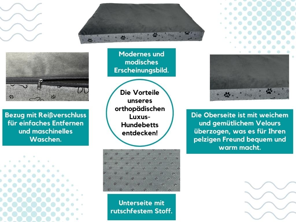 Dogs4Life Cama ortopédica para perros medianos – 100 x 70 cm – parte superior de terciopelo de felpa – relleno extra grueso 10 cm – Base antideslizante – Funda lavable extraíble – gris patas negras