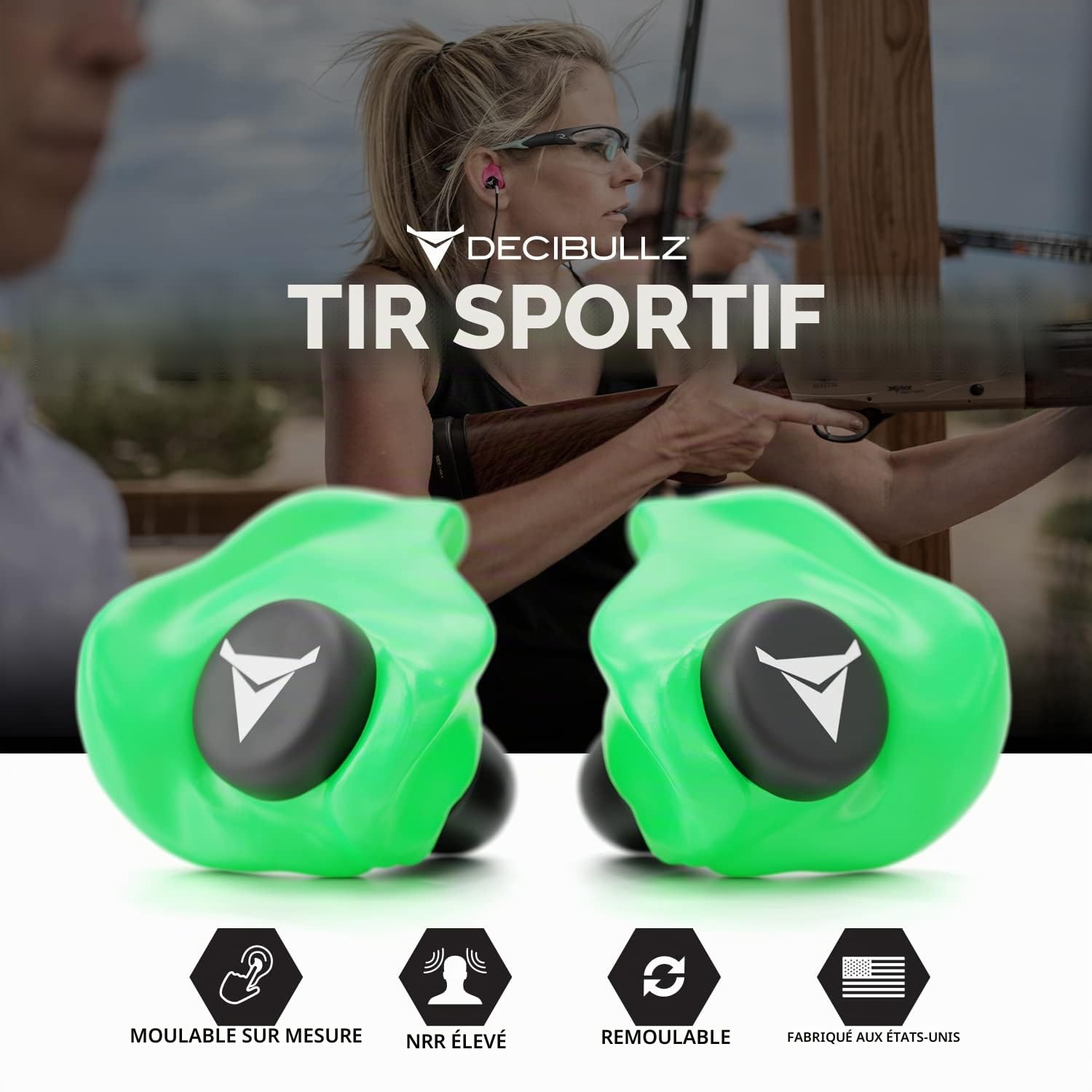 Decibullz - Bouchons d'oreille moulés sur mesure, 31 dB le plus élevé, protection auditive confortable pour le tir, les voyages, le travail et les concerts (vert)
