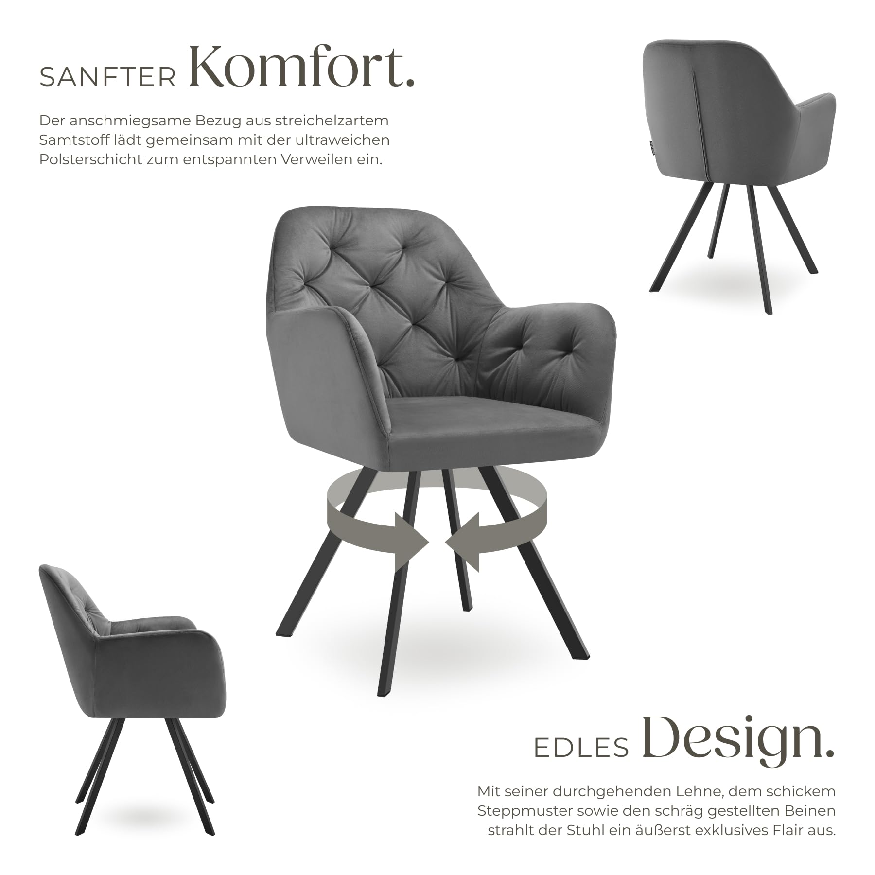 tectake® Esszimmerstuhl drehbar mit Armlehne, Samtstoff Drehstuhl ergonomisch, Möbel für Wohnzimmer, Stühle für Dining Lounge, Office, als Schminkstuhl oder Schreibtischstuhl - anthrazit