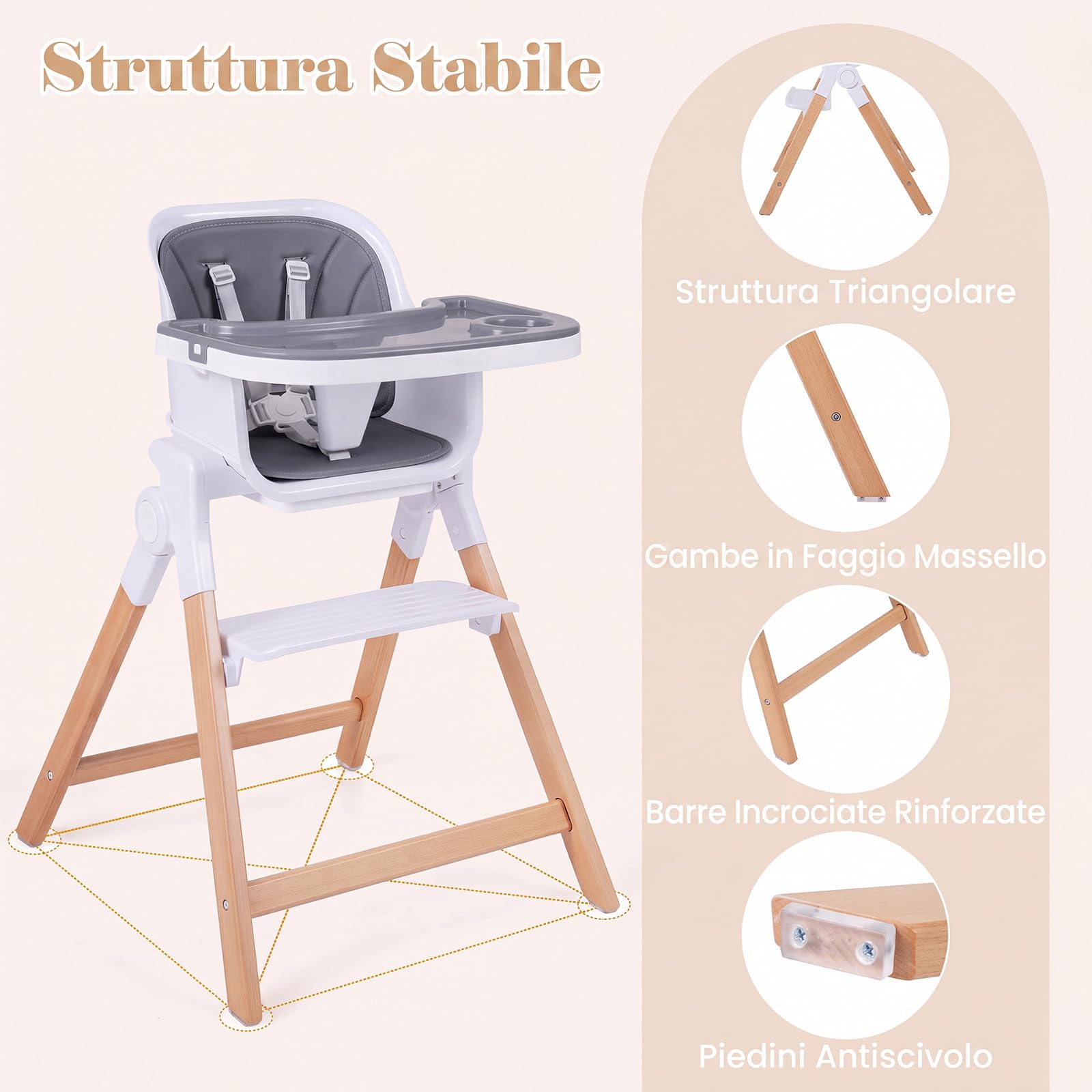 COSTWAY Seggiolone Pappa Pieghevole 4 in 1 con Cuscino di Seduta (Grigio) | Seggiolone per Neonati 6-36 Mesi con Vassoi Rimovibili, Portabicchieri, Cintura di Sicurezza e Gambe in Legno