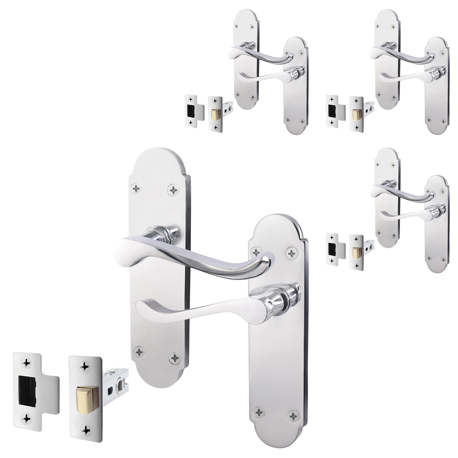 Eai Polished Chrome Door Handle Latch Set - Victorian Scroll Shaped | Pairs Of Internal Latch Handles With Hinges (76Mm) & Latches (64Mm) Size 4