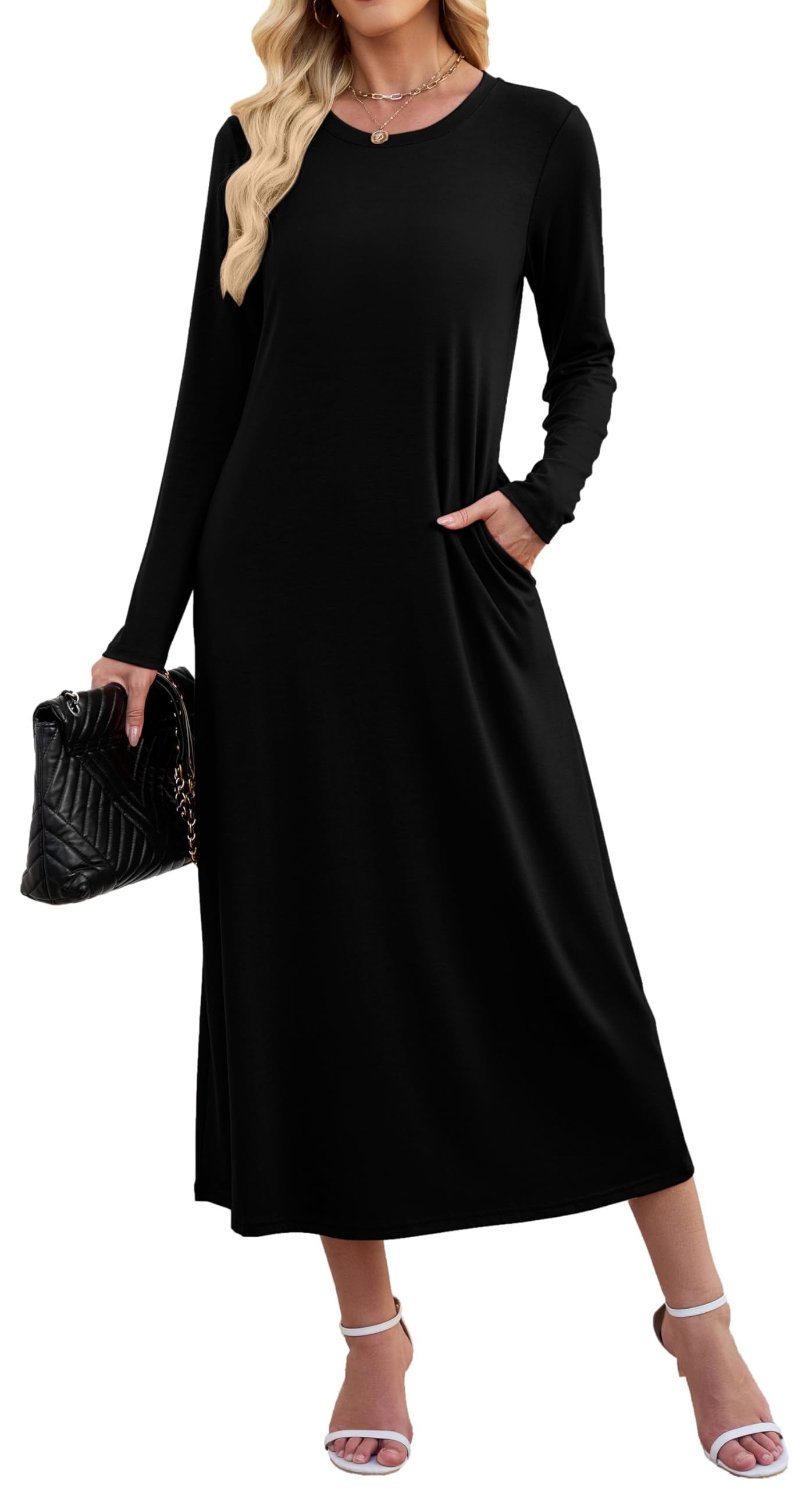 Hount Long Sleeve Maxi Dress for Women Fall 2025 Casual Crew Neck Flowy Long Dresses with Pockets