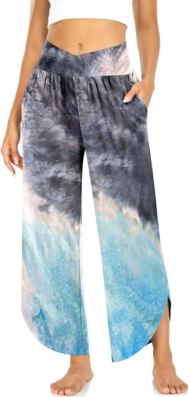 TARSE Wide Leg Pants for Women Cross High Waisted Yoga Pants Casual Lounge Joggers Loose fit Pajama Bottoms with Pockets