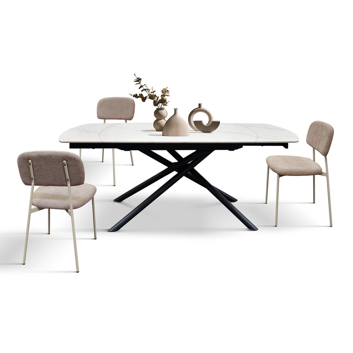 KONTE.DESIGN Tavolo BONIFACIO in ceramica bianco statuario e base in metallo verniciato nero, allungabile 120x88 cm - 180x88 cm