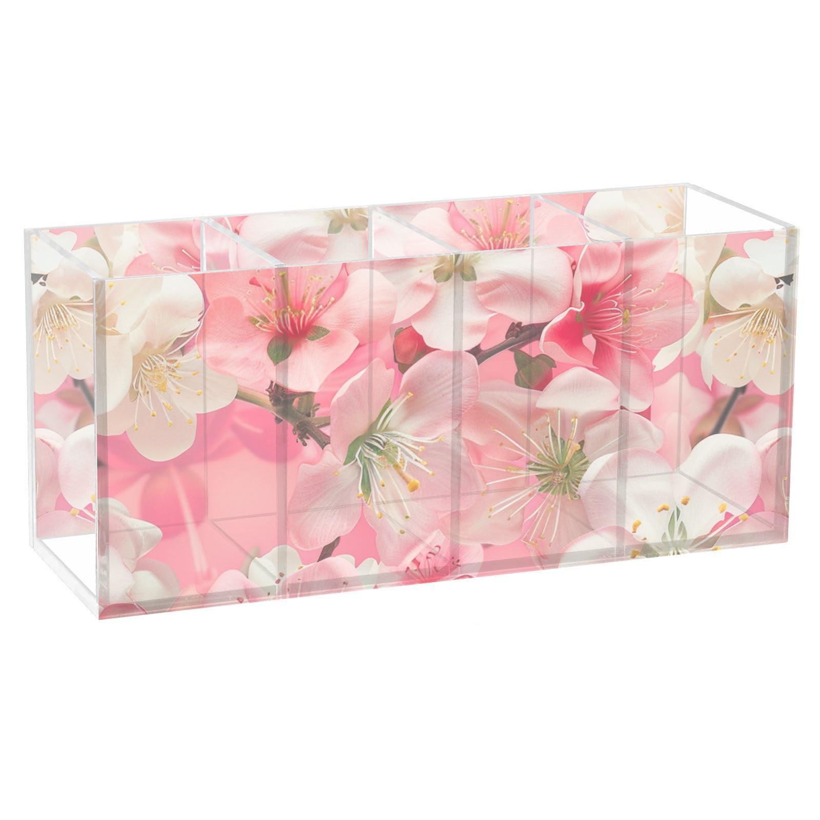 beeplusPeach Blossoms Bloom Acrylic multi-cell pen holder Desk accessories rack, makeup brush storage organizer Pencil and stationery storage desk, bathroom storage desk