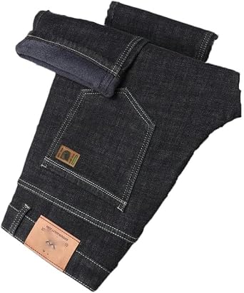 Winter Casual Mens Warm Fleece Jeans Classic Style Business Thicken Regular Fit Denim Pants Plush Trousers