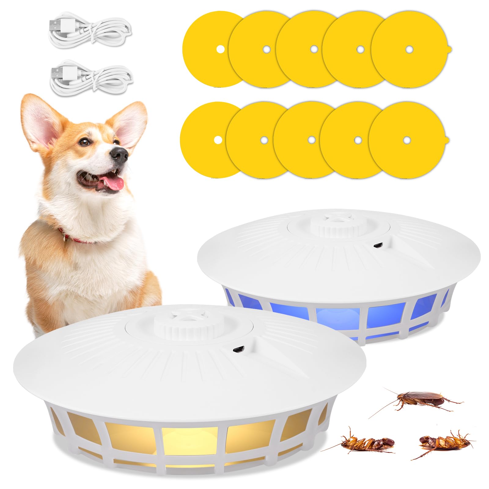 2 Pcs Flea Trap with 10 Capture Stickers AAA Battery/USB Powered Non Toxic