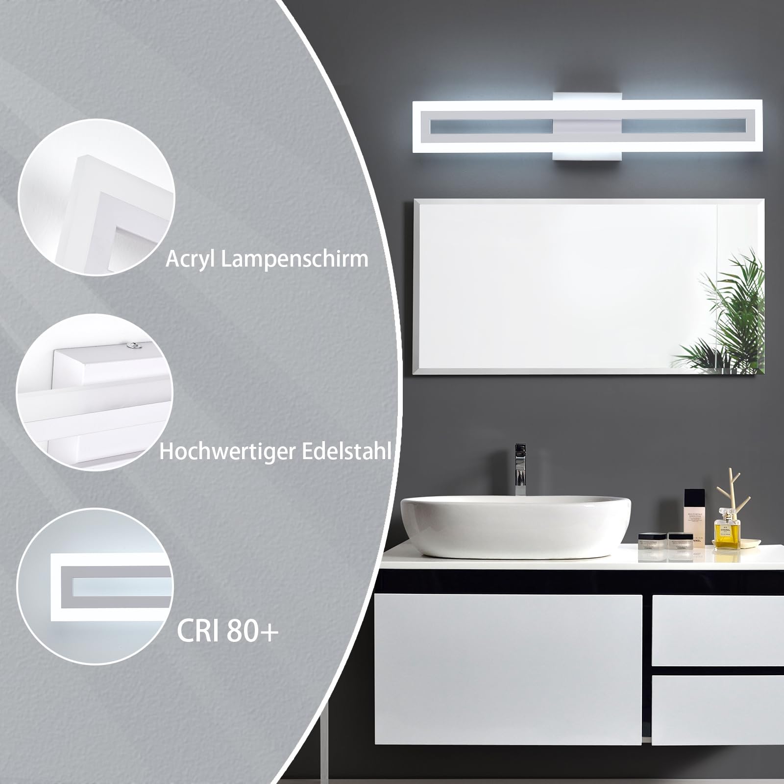 LED Spiegellampe Bad Wandbeleuchtung – 60cm 20W 2000 LM, 6000K Kaltweiß, IP44 Wasserdicht, einfache Montage für Badezimmer, Waschzimmer und Schlafzimmer